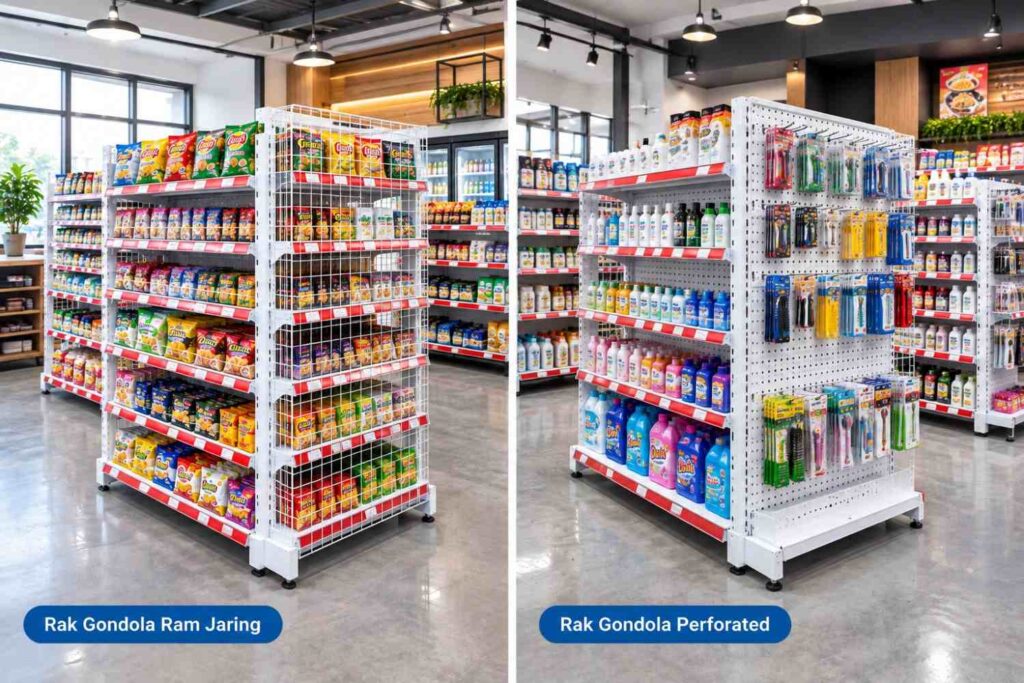 Perbedaan rak gondola ram jaring dan perforated untuk display produk